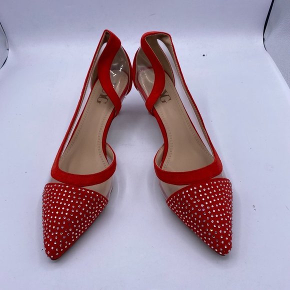 NUYG Pointed Toe Rhinestones Low Kitten Heel PVC Pumps - Picture 3 of 10